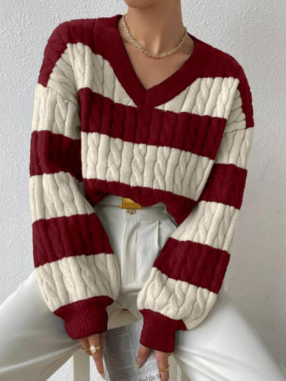 Women'S Cable Knit Color Block Striped V Neck Sweater, Casual Long Sleeve Drop Shoulder Jumper Pullover Tops for Autumn & Winter, Korean Style Clothes