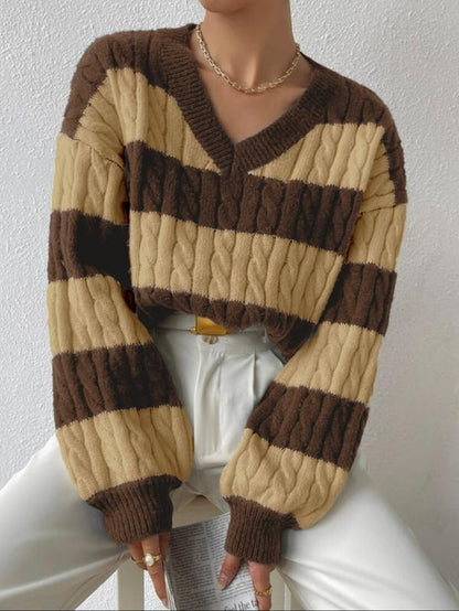 Women'S Cable Knit Color Block Striped V Neck Sweater, Casual Long Sleeve Drop Shoulder Jumper Pullover Tops for Autumn & Winter, Korean Style Clothes