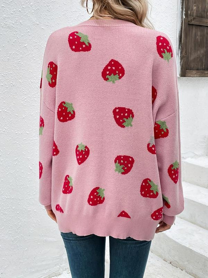 Women'S Strawberry Print Drop Shoulder Cardigan, Casual Cute Long Sleeve Knitwear for Daily Outdoor Wear, Women'S Knitwear for Fall & Winter