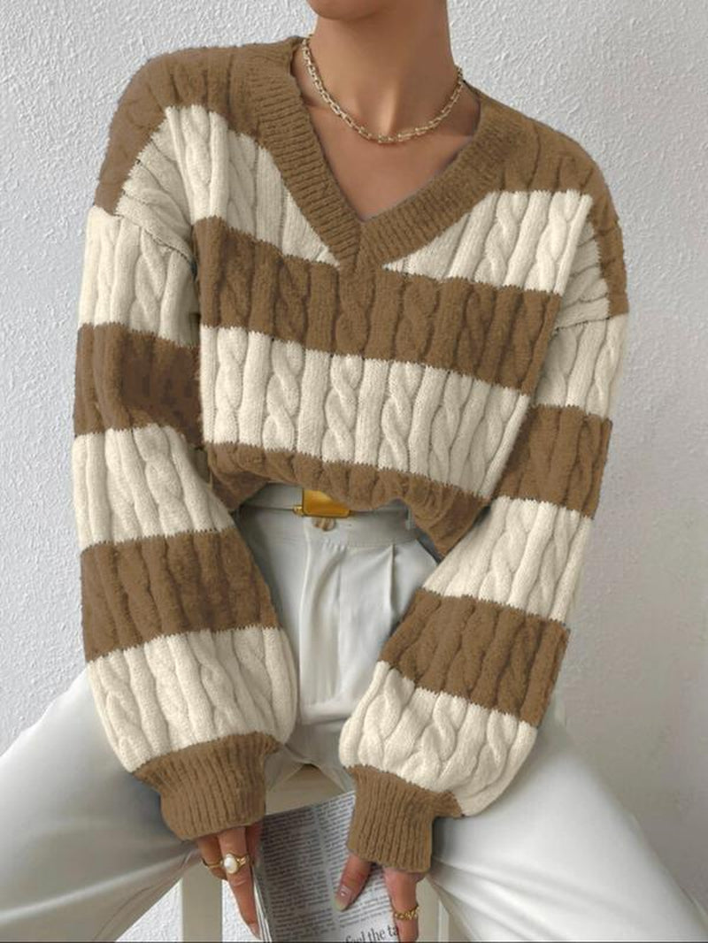 Women'S Cable Knit Color Block Striped V Neck Sweater, Casual Long Sleeve Drop Shoulder Jumper Pullover Tops for Autumn & Winter, Korean Style Clothes