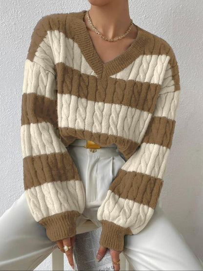 Women'S Cable Knit Color Block Striped V Neck Sweater, Casual Long Sleeve Drop Shoulder Jumper Pullover Tops for Autumn & Winter, Korean Style Clothes