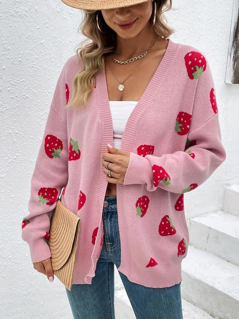 Women'S Strawberry Print Drop Shoulder Cardigan, Casual Cute Long Sleeve Knitwear for Daily Outdoor Wear, Women'S Knitwear for Fall & Winter