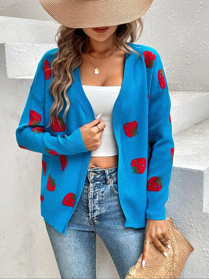 Women'S Strawberry Print Drop Shoulder Cardigan, Casual Cute Long Sleeve Knitwear for Daily Outdoor Wear, Women'S Knitwear for Fall & Winter