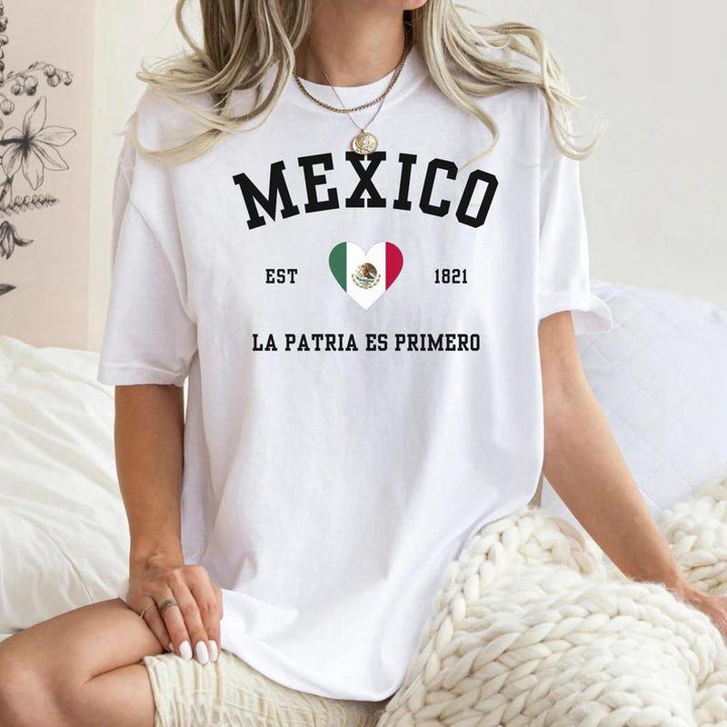 Mexico Flag Heart Comfort Colors Shirt, Mexico T-Shirt, Mexico Flag Shirt Summer Casual Collar Cotton Fabric Top Traditional Womenswear