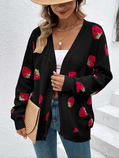 Women'S Strawberry Print Drop Shoulder Cardigan, Casual Cute Long Sleeve Knitwear for Daily Outdoor Wear, Women'S Knitwear for Fall & Winter