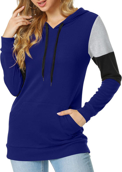 Women'S Casual Drawstring Pullover Tunic Top Long Sleeve Color Block Hoodie Sweatshirts with Pocket, 3XL, Royal Blue