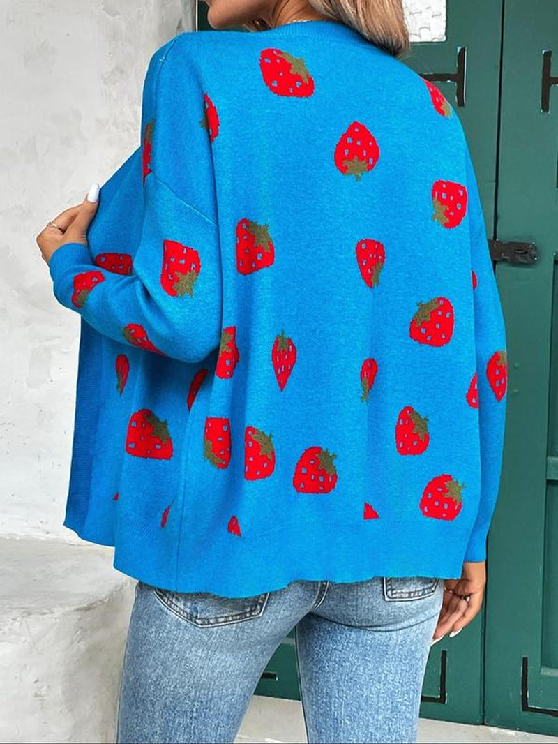 Women'S Strawberry Print Drop Shoulder Cardigan, Casual Cute Long Sleeve Knitwear for Daily Outdoor Wear, Women'S Knitwear for Fall & Winter