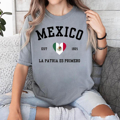 Mexico Flag Heart Comfort Colors Shirt, Mexico T-Shirt, Mexico Flag Shirt Summer Casual Collar Cotton Fabric Top Traditional Womenswear