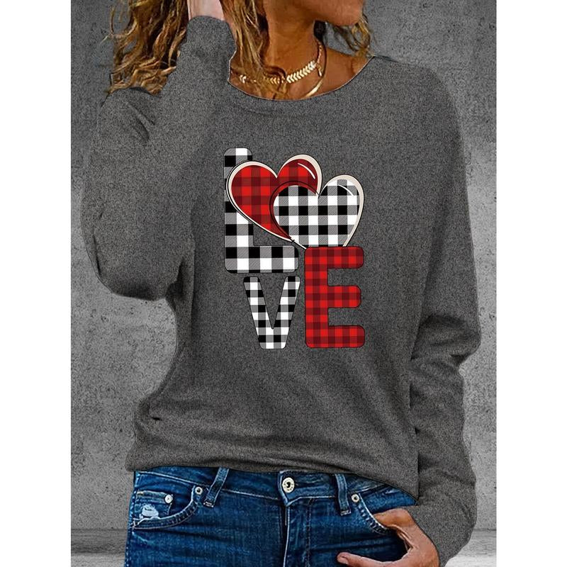 65 Valentine'S Day Heart Autumn Winter Pattern Print Long Sleeve T-Shirt | Women'S round Neck Crew Top with Slight Stretch Fabric