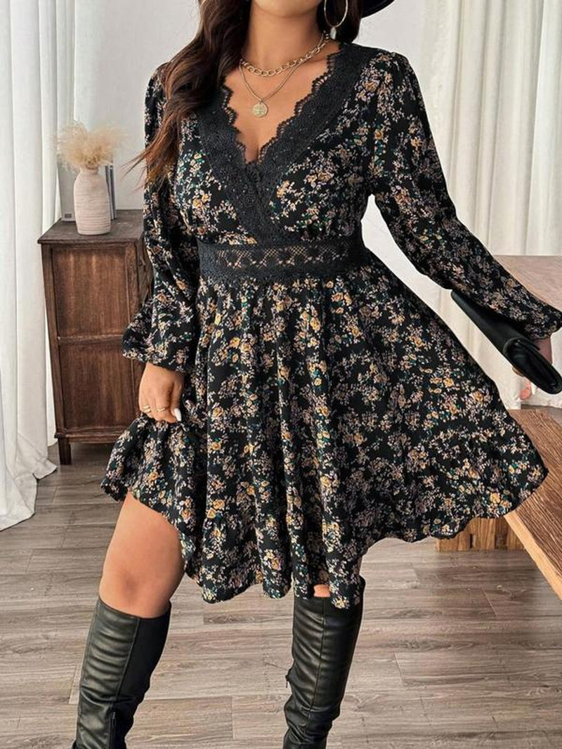 Plus Size Women'S Floral Lace Patchwork V Neck Dress, Casual Slim Fit Long Sleeve Dress for Spring & Fall Seasons, Casual Wear
