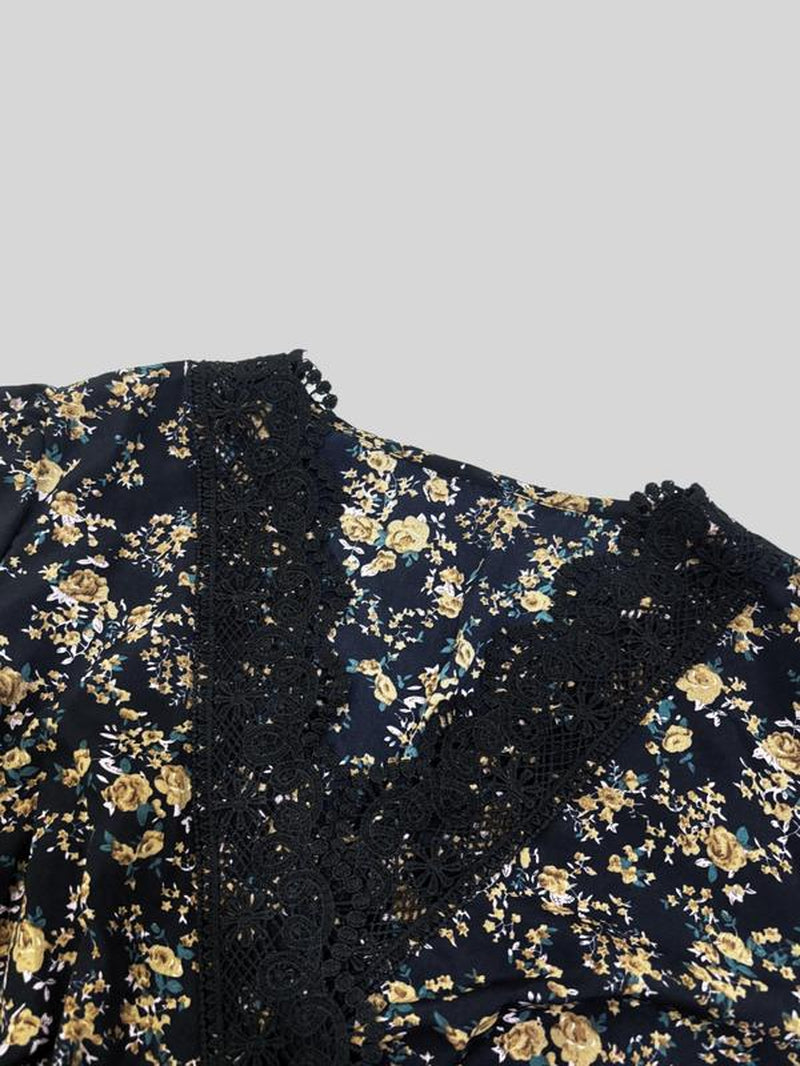 Plus Size Women'S Floral Lace Patchwork V Neck Dress, Casual Slim Fit Long Sleeve Dress for Spring & Fall Seasons, Casual Wear