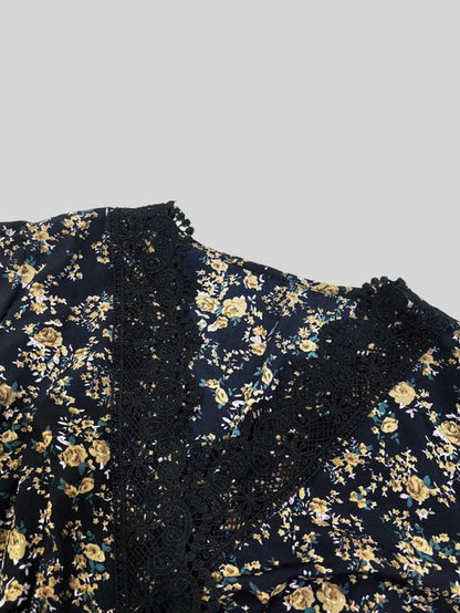 Plus Size Women'S Floral Lace Patchwork V Neck Dress, Casual Slim Fit Long Sleeve Dress for Spring & Fall Seasons, Casual Wear