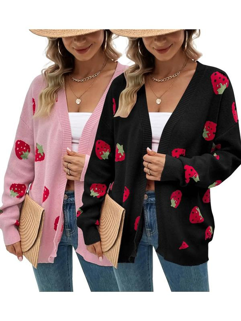 Women'S Strawberry Print Drop Shoulder Cardigan, Casual Cute Long Sleeve Knitwear for Daily Outdoor Wear, Women'S Knitwear for Fall & Winter