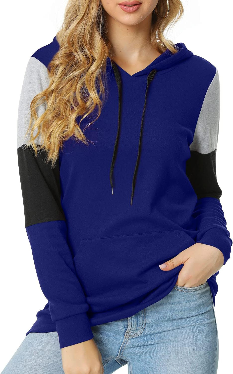 Women'S Casual Drawstring Pullover Tunic Top Long Sleeve Color Block Hoodie Sweatshirts with Pocket, 3XL, Royal Blue