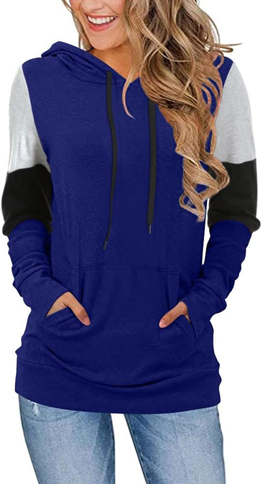 Women'S Casual Drawstring Pullover Tunic Top Long Sleeve Color Block Hoodie Sweatshirts with Pocket, 3XL, Royal Blue