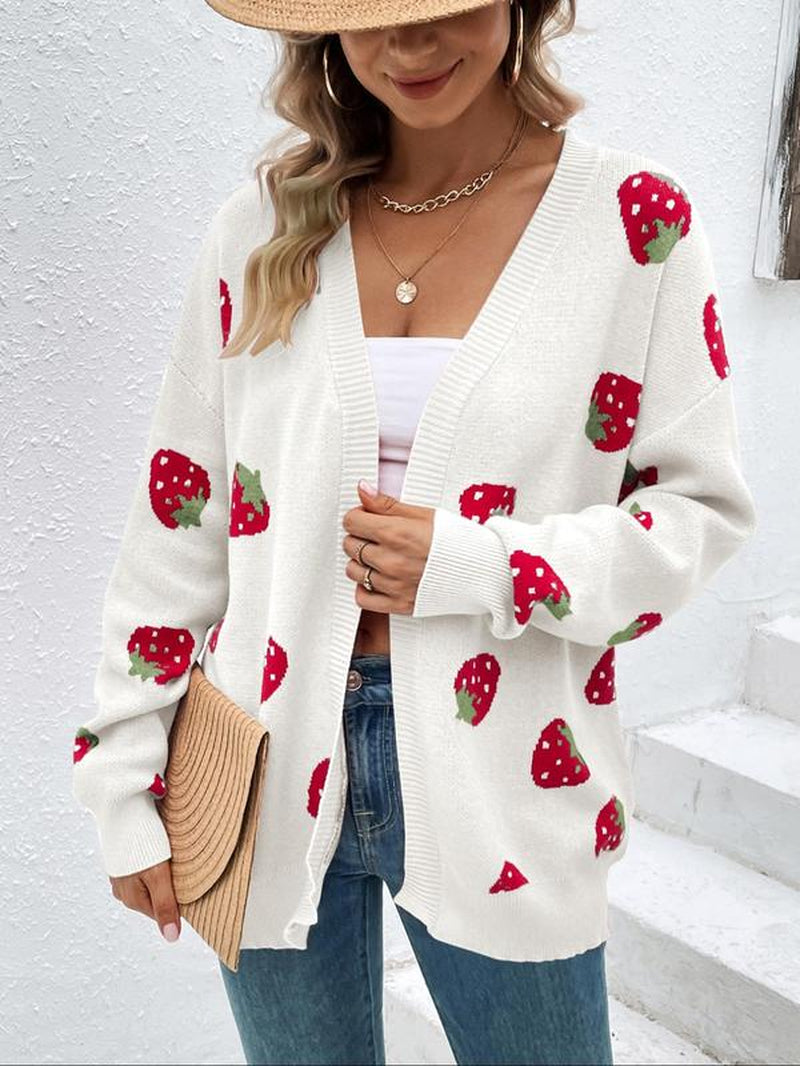 Women'S Strawberry Print Drop Shoulder Cardigan, Casual Cute Long Sleeve Knitwear for Daily Outdoor Wear, Women'S Knitwear for Fall & Winter
