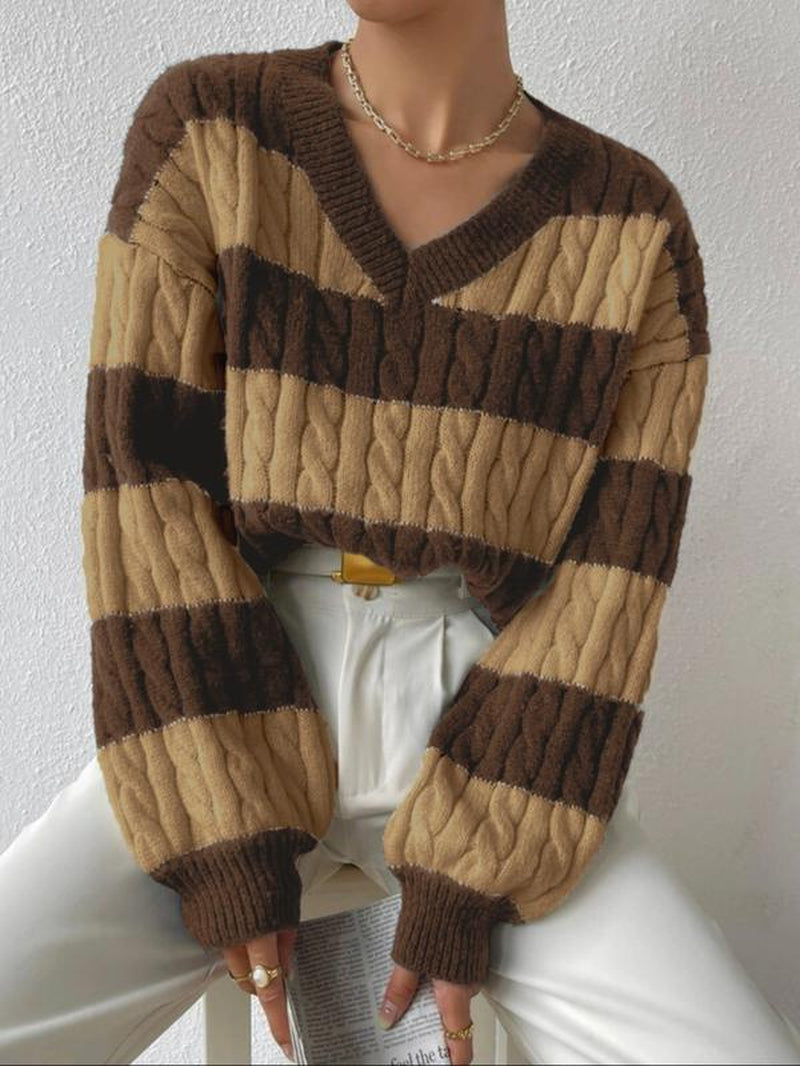 Women'S Cable Knit Color Block Striped V Neck Sweater, Casual Long Sleeve Drop Shoulder Jumper Pullover Tops for Autumn & Winter, Korean Style Clothes