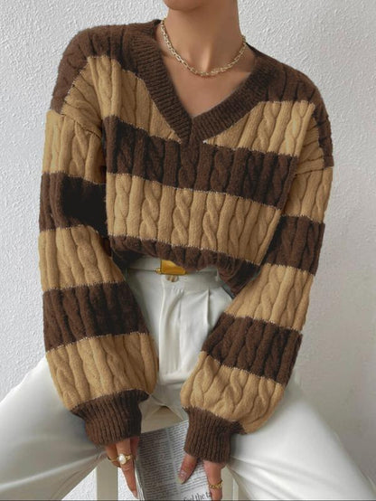 Women'S Cable Knit Color Block Striped V Neck Sweater, Casual Long Sleeve Drop Shoulder Jumper Pullover Tops for Autumn & Winter, Korean Style Clothes
