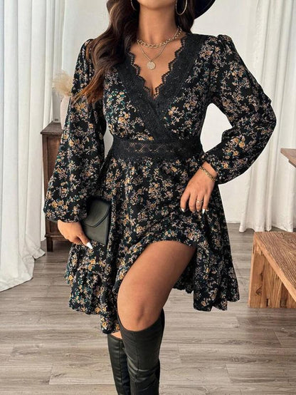Plus Size Women'S Floral Lace Patchwork V Neck Dress, Casual Slim Fit Long Sleeve Dress for Spring & Fall Seasons, Casual Wear