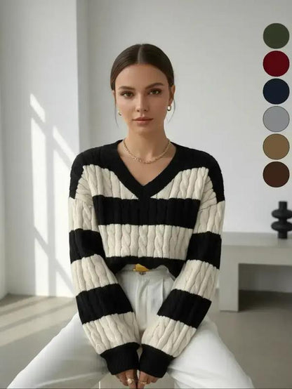 Women'S Cable Knit Color Block Striped V Neck Sweater, Casual Long Sleeve Drop Shoulder Jumper Pullover Tops for Autumn & Winter, Korean Style Clothes