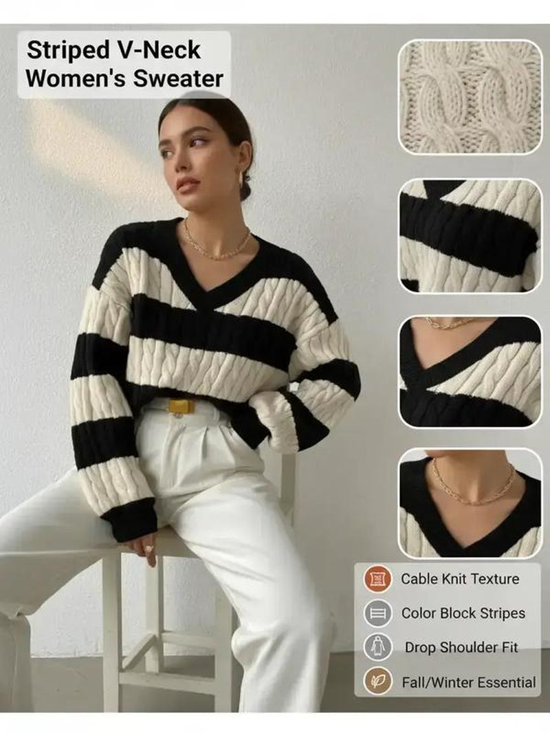 Women'S Cable Knit Color Block Striped V Neck Sweater, Casual Long Sleeve Drop Shoulder Jumper Pullover Tops for Autumn & Winter, Korean Style Clothes