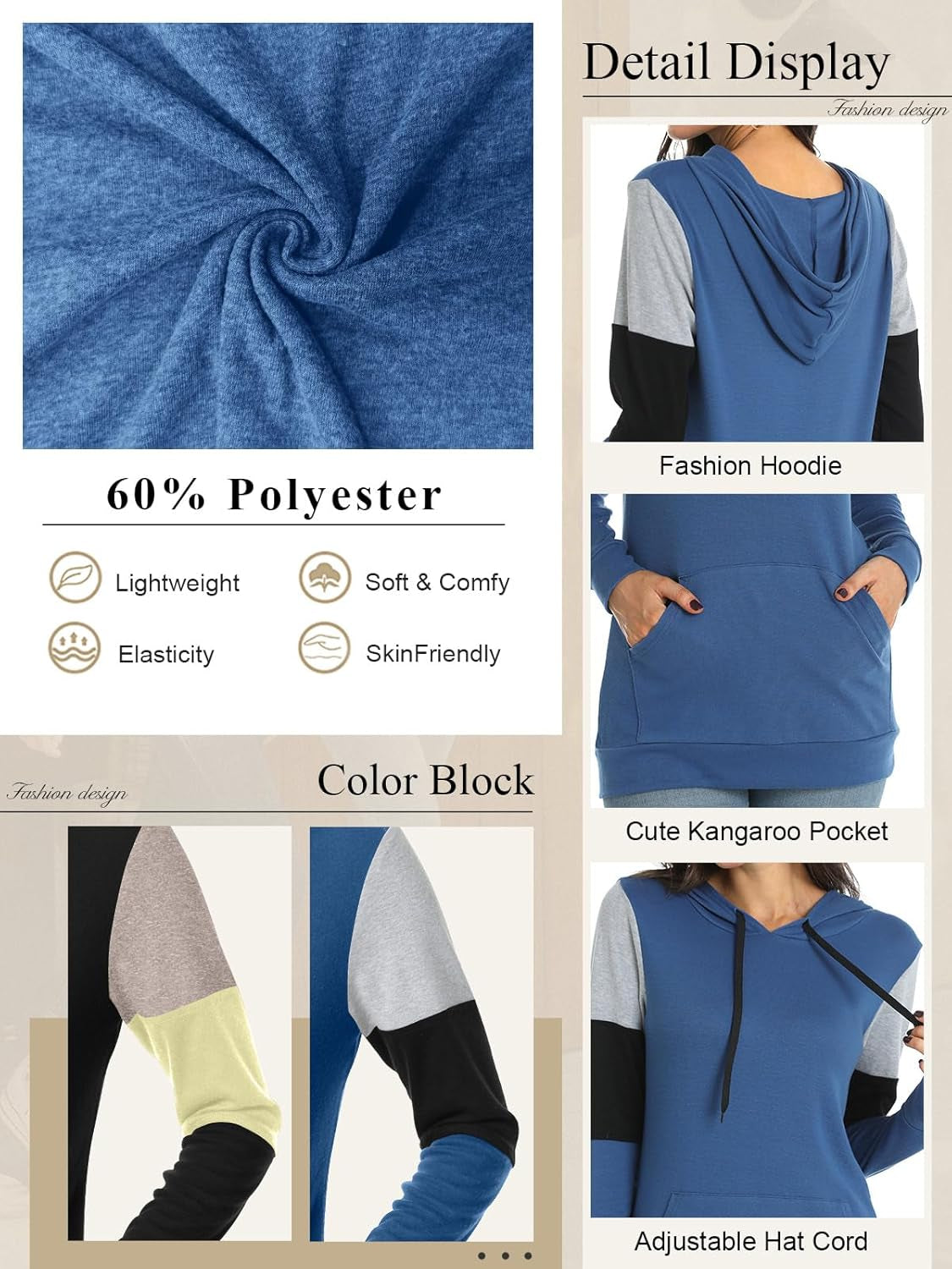 Women'S Casual Drawstring Pullover Tunic Top Long Sleeve Color Block Hoodie Sweatshirts with Pocket, 3XL, Royal Blue