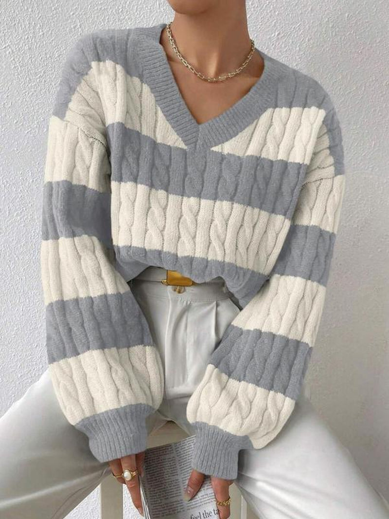 Women'S Cable Knit Color Block Striped V Neck Sweater, Casual Long Sleeve Drop Shoulder Jumper Pullover Tops for Autumn & Winter, Korean Style Clothes