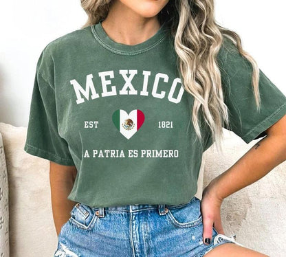 Mexico Flag Heart Comfort Colors Shirt, Mexico T-Shirt, Mexico Flag Shirt Summer Casual Collar Cotton Fabric Top Traditional Womenswear