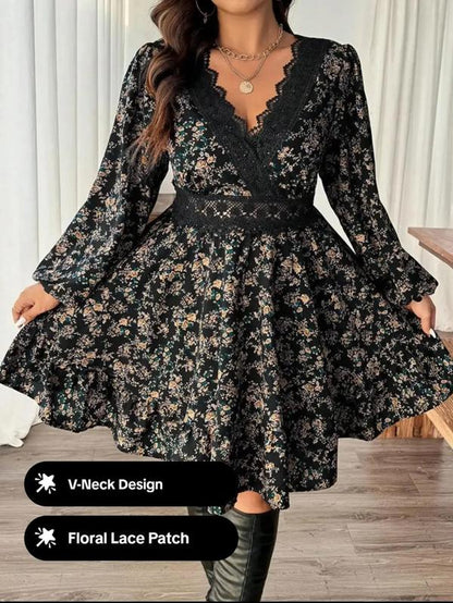 Plus Size Women'S Floral Lace Patchwork V Neck Dress, Casual Slim Fit Long Sleeve Dress for Spring & Fall Seasons, Casual Wear