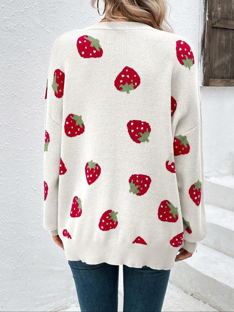 Women'S Strawberry Print Drop Shoulder Cardigan, Casual Cute Long Sleeve Knitwear for Daily Outdoor Wear, Women'S Knitwear for Fall & Winter