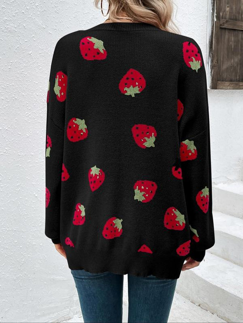 Women'S Strawberry Print Drop Shoulder Cardigan, Casual Cute Long Sleeve Knitwear for Daily Outdoor Wear, Women'S Knitwear for Fall & Winter