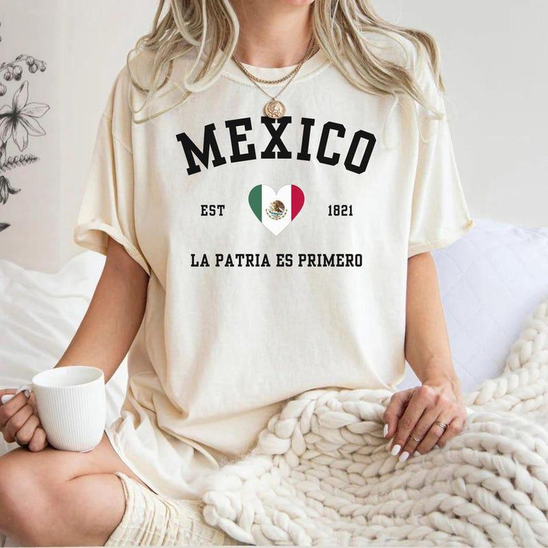 Mexico Flag Heart Comfort Colors Shirt, Mexico T-Shirt, Mexico Flag Shirt Summer Casual Collar Cotton Fabric Top Traditional Womenswear