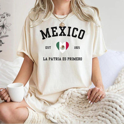Mexico Flag Heart Comfort Colors Shirt, Mexico T-Shirt, Mexico Flag Shirt Summer Casual Collar Cotton Fabric Top Traditional Womenswear